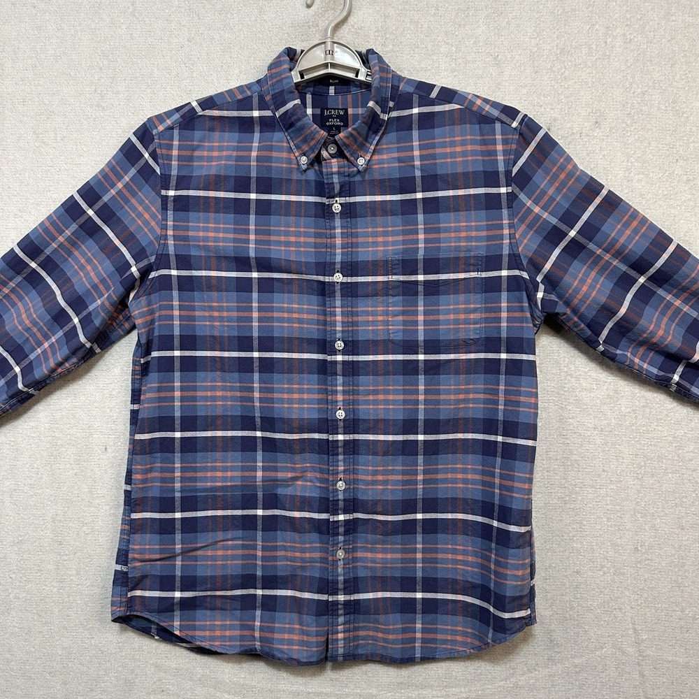 J Crew Flex Oxford Slim Fit Large Blue Plaid Classic Button Down‎ Casual Church